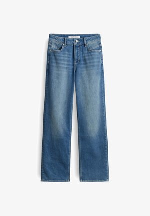 Helle blaue Denim-Jeans im weiten Schnitt mit mittlerer Leibhöhe, Fünf-Taschen-Design und subtilen Verwaschungen. Rohe Saumdetails am Ende der Hosenbeine.