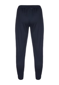 Marineblaue, schmal zulaufende Jogginghosen mit elastischem Bund, glatter Textur und Reißverschlüssen an den Knöcheln. Schlichtes Design, geeignet für Freizeit- oder Sportbekleidung.