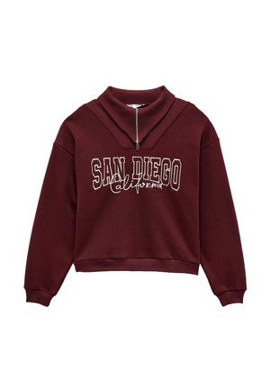 Bordeaux cropped sweatshirt met een kol, halve rits en witte tekst "SAN DIEGO California". Gemaakt van zachte, gestructureerde stof.