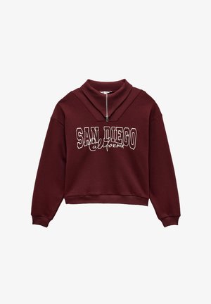 Bordeaux cropped sweatshirt met een kol, halve rits en witte tekst "SAN DIEGO California". Gemaakt van zachte, gestructureerde stof.