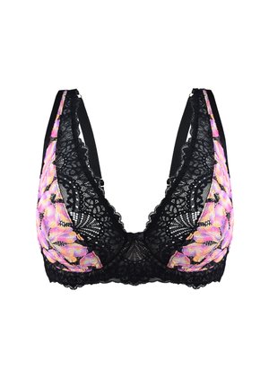 Koronkowy biustonosz braletka w kwiatowy wzór w odcieniach różu i fioletu, z czarnymi koronkowymi wykończeniami oraz regulowanymi czarnymi ramiączkami. Projekt w kształcie litery V zwiększa zakrycie.