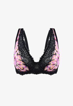 Koronkowy biustonosz braletka w kwiatowy wzór w odcieniach różu i fioletu, z czarnymi koronkowymi wykończeniami oraz regulowanymi czarnymi ramiączkami. Projekt w kształcie litery V zwiększa zakrycie.