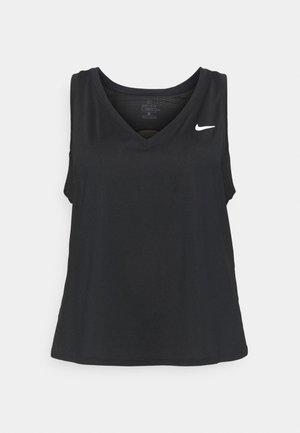 Musta hihaton urheilutoppi V-pääntiellä ja pienellä valkoisella Nike-logolla oikealla rintakehän alueella, esitetty yksivärisellä vaalealla taustalla.