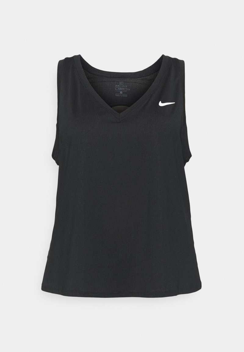 Débardeur de sport noir sans manches avec col en V et petit logo blanc Nike sur la partie droite de la poitrine, présenté sur un fond clair uni.