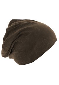 Brun beanie-hatt laget av myk, teksturert stoff med en slouchy design, som har folder og bretter gjennom hele.