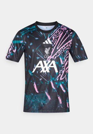 Schwarzes Sporttrikot mit lebendigen blauen und pinkfarbenen abstrakten Mustern, Rundhalsausschnitt, kurze Ärmel, mit weißen L.F.C.- und AXA-Logos.