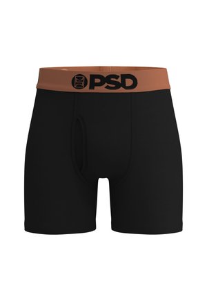 Bóxers negros para hombre con una cintura ancha marrón que presenta un logotipo negro PSD y una abertura frontal.