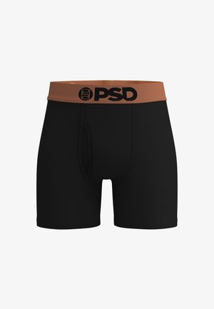 Boxers noirs pour hommes avec une large ceinture marron portant un logo PSD noir et une ouverture à l'avant.
