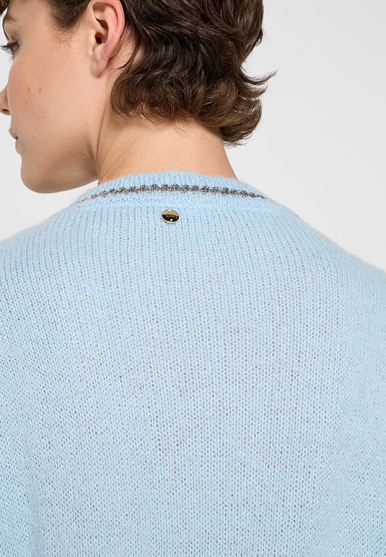 Maglione azzurro chiaro, morbido, lavorato a maglia con scollo rotondo. Presenta un accento argentato sul colletto e un piccolo dettaglio del logo dorato sul retro.
