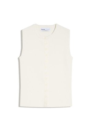 Mouwloos crèmekleurig gebreid topje met ronde halslijn en knoopsluiting aan de voorkant, gelabeld Bershka.