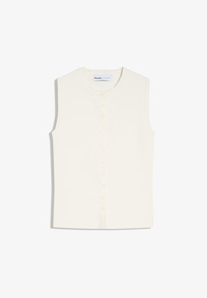 Ærmeløs, cremefarvet strikket top med rund halsudskæring og knapper foran, mærket Bershka.