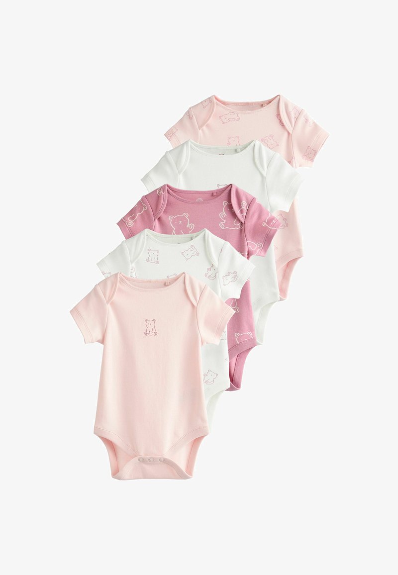 Penkių kūdikių bodžių rinkinys iš minkštos medvilnės. Spalvos: šviesiai rožinė, tamsiai rožinė ir balta. Yra meškiukų atvaizdai ir spaudžiamieji užsegimai apačioje.