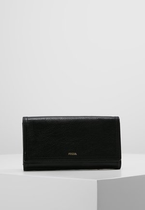 Portafoglio in pelle nera con finitura testurizzata, dotato di una patta frontale e di un logo dorato. Forma rettangolare compatta, design minimalista.