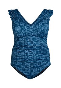 Ühes tükis ujumistrikoo sinakashalli tooniga, keerleva mustriga, volangidega rihmadega, sügava V-kaelusega ja vöökohal kogutud detailidega.