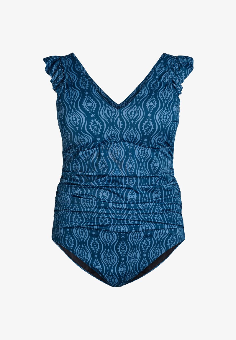 Ühes tükis ujumistrikoo sinakashalli tooniga, keerleva mustriga, volangidega rihmadega, sügava V-kaelusega ja vöökohal kogutud detailidega.