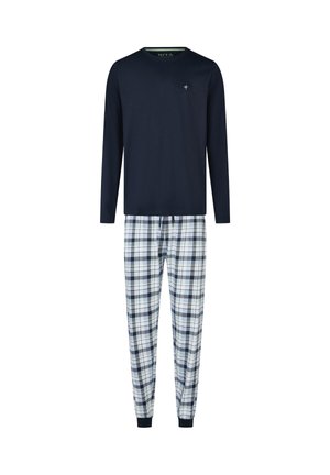Marineblauw shirt met lange mouwen en een klein logo op de borst, gecombineerd met wit, marineblauw en grijs geruit pyjamabroek met trekkoord en omgeslagen pijpen.