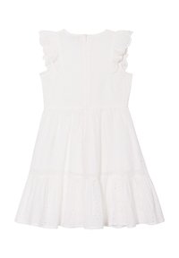 Vestido blanco de algodón con mangas rizadas, patrón de ojal y falda acampanada. Cuenta con un cierre de cremallera en la parte posterior. Textura suave.