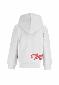 Grau Hoodie mit Kängurutasche, gerippten Bündchen und Kapuze. "Team Pup" in roter Schreibschrift auf der unteren linken Rückseite gedruckt. Weicher Stoff.