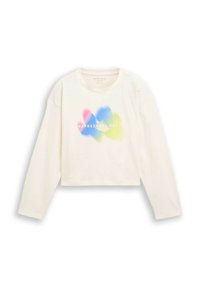 T-shirt a maniche lunghe tagliata in crema con una consistenza morbida e liscia. Presenta un design a gradiente colorato con il testo "GIORNI RINFRESCANTI" in bianco.