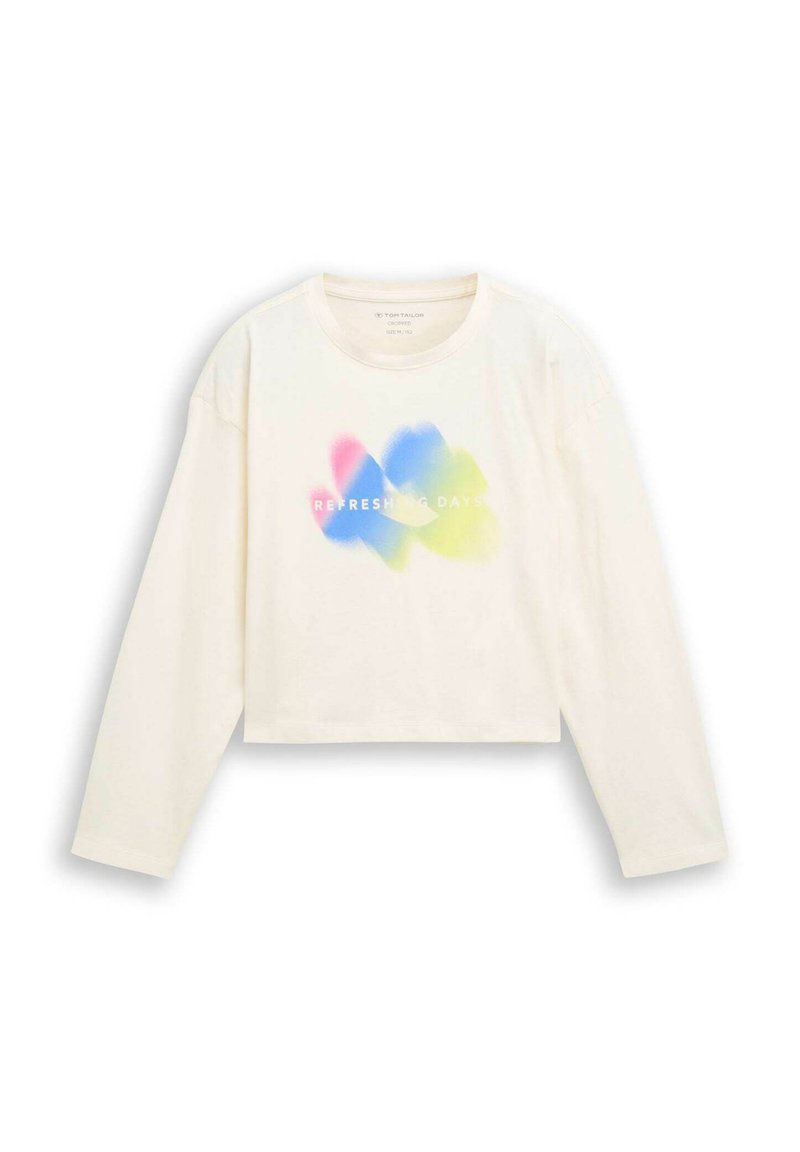 T-shirt a maniche lunghe tagliata in crema con una consistenza morbida e liscia. Presenta un design a gradiente colorato con il testo "GIORNI RINFRESCANTI" in bianco.