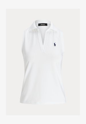 Top polo alb fără mâneci, cu guler și fante adânci în față. Prezintă un logo mic albastru închis pe partea stângă a pieptului. Textură netedă a țesăturii.