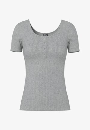 Grå ribbet kortærmet top med en rund Halsudskæring og fire små knapper ned foran midt på.
