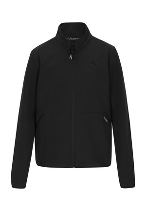 Zwarte ritsjack met een hoge kraag, gemaakt van een gladde, rekbare stof. Beschikt over zijzakken en een klein logo op de borst.