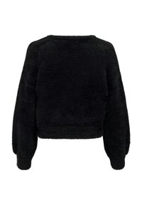 Black cropped sweater made of soft, textured fabric. Features long, slightly puffed sleeves and a wide crew neckline.
