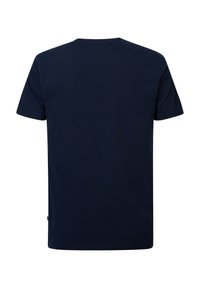 Navy blue cotton t-shirt with short sleeves, round neckline, and a plain back. Features a small logo tag on the side hem.