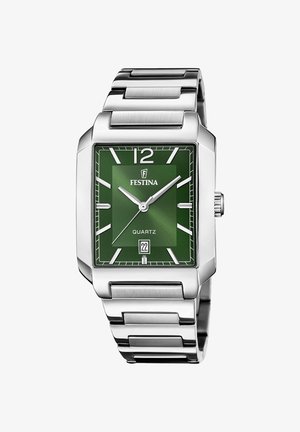 Srebrny prostokątny zegarek damski Festina na kwarcowym mechanizmie z zieloną tarczą, białymi indeksami godzin, datownikiem na godzinie 6 oraz metalową bransoletą.