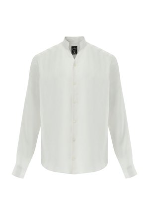 White long-sleeve shirt with a band collar, button front, and smooth texture. Features a straight hem and buttoned cuffs.