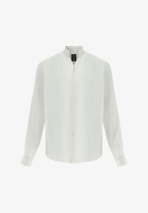 Weißes Langarmhemd mit Stehkragen, Knopfleiste und glatter Textur. Hat einen geraden Saum und Knopfbündchen.