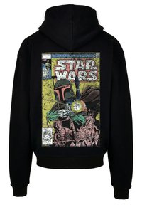 Sudadera negra con capucha que presenta una impresión gráfica de una portada de cómic, que representa a Boba Fett con acentos en verde y rojo, y una textura desgastada.