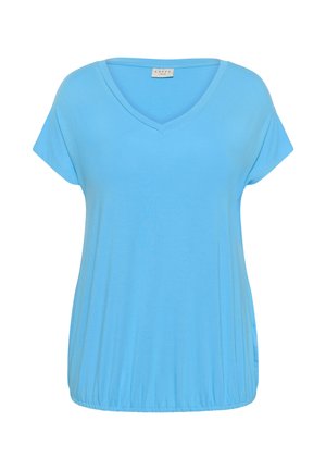 Blouse à manches courtes bleu clair avec col en V et ourlet élastiqué, en tissu doux, présentée sur un fond blanc.