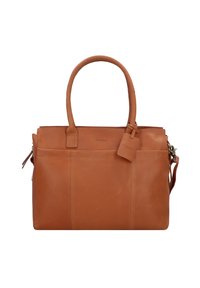 Lederhandtasche in Beige mit doppelten Griffen, rechteckiger Form, Naht auf der Vorderseite und abnehmbarem Anhänger. Verfügt über einen Reißverschluss oben.