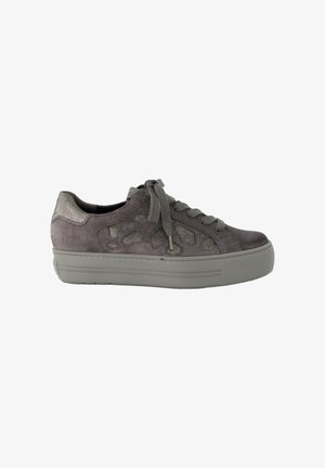 Gray suede sneaker with a padded tongue and textured gray accents. Features a platform sole and rounded toe. Lace-up design.