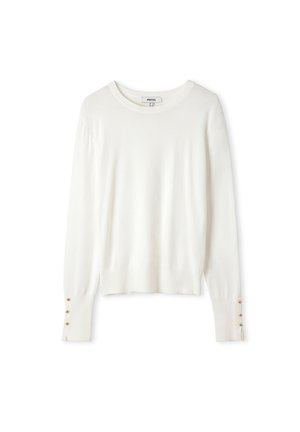 Weißer Pullover mit langen Ärmeln, runder Halslinie und gerippten Bündchen, ausgestattet mit drei goldenen Knöpfen an jedem Ärmel. Weicher Stoff und lässige Passform.