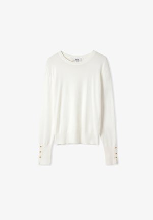 White long-sleeve sweater with a rounded neckline and ribbed cuffs, featuring three gold buttons on each sleeve. Soft texture and casual fit.