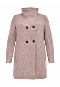 Manteau en laine rose clair avec un col montant, des manches longues et deux boutons noirs. Tissu texturé et design ajusté, longueur genoux.