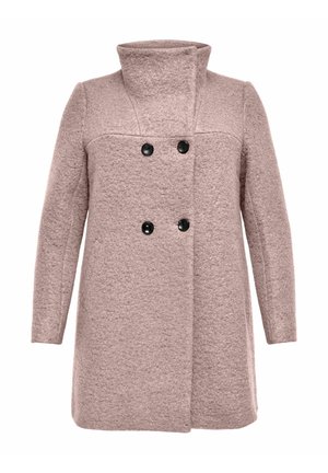Svetle růžový vlněný kabát s vysokým límcem, dlouhými rukávy a dvěma černými knoflíky. Texturovaná tkanina a přizpůsobený střih, délka po kolena.