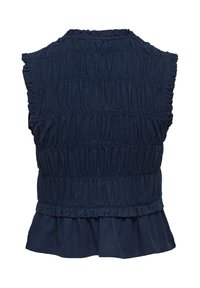 Haut sans manches bleu marine avec smocks élastiques, bords froncés aux manches et à l’ourlet, et bas style peplum.