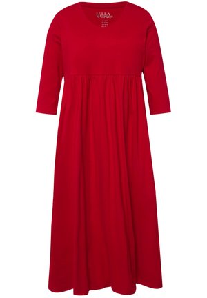 Rotes, langärmeliges Kleid aus Baumwolle, mit V-Ausschnitt, geraffter Taille und fließendem Rock. Glatte Textur, lässiges Design.