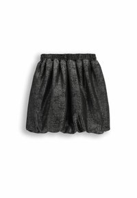 Czarna metaliczna mini spódnica z marszczoną elastyczną talią, wykonana z teksturowanej tkaniny, która tworzy pełną objętości sylwetkę.