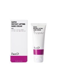 Tubo bianco di crema mani con una fascia viola, etichettato "Crema Mani Super Instant Lifting", affianco a una scatola bianca abbinata con testo nero.