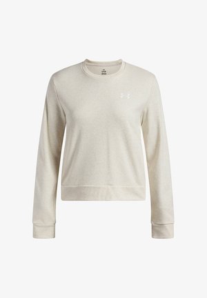 Sudadera de manga larga color beige claro hecha de un tejido suave. Presenta un cuello redondo, puños acanalados y un pequeño logo blanco en el pecho.