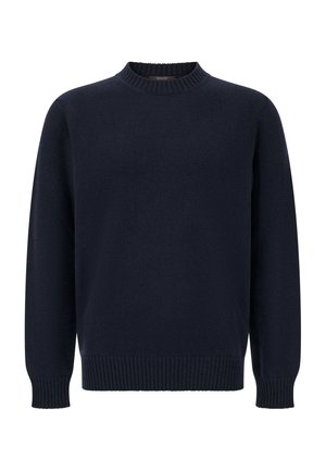 Mørkeblå sweater lavet af blødt stof med rund halsudskæring, lange ærmer samt ribkant ved bærestykke og manchetter. Enkel og ubemærket design.