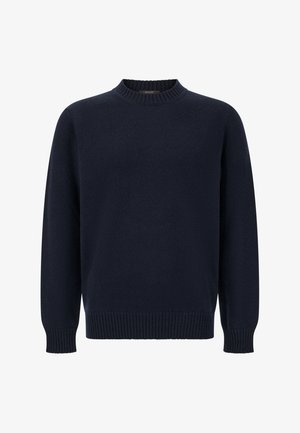 Mørkeblå sweater lavet af blødt stof med rund halsudskæring, lange ærmer samt ribkant ved bærestykke og manchetter. Enkel og ubemærket design.