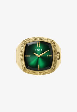 Orologio Fossil dorato con forma ottagonale sfaccettata, quadrante verde sfumato, lancette dorate e lunetta testurizzata con dettagli a piramide.