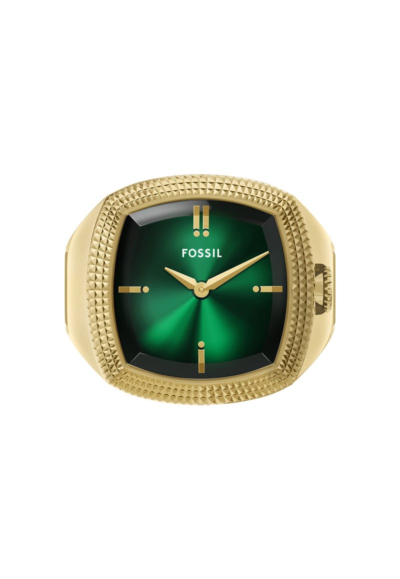 Montre Fossil dorée avec une forme octogonale facettée, un cadran dégradé vert, des aiguilles dorées et une lunette texturée comportant des détails en forme de pyramide.