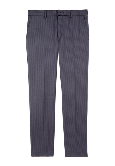 Grau gestreifte Hose aus leichtem Material, mit geradem BeinDesign, Gürtelschlaufen und seitlichen Taschen.